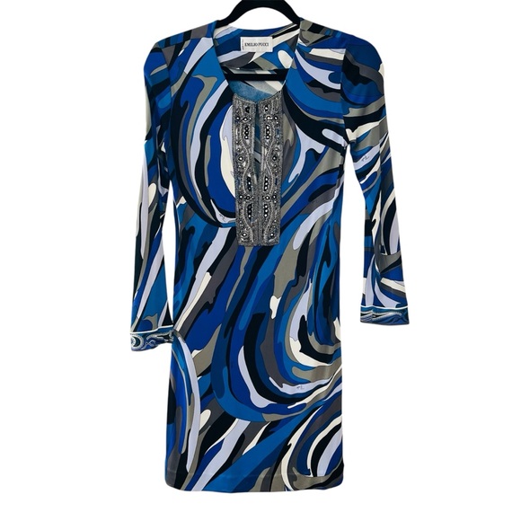 Emilio Pucci Multicolor Jersey Embellished Long Sleeve Dress Size 8 - Picture 1 of 9